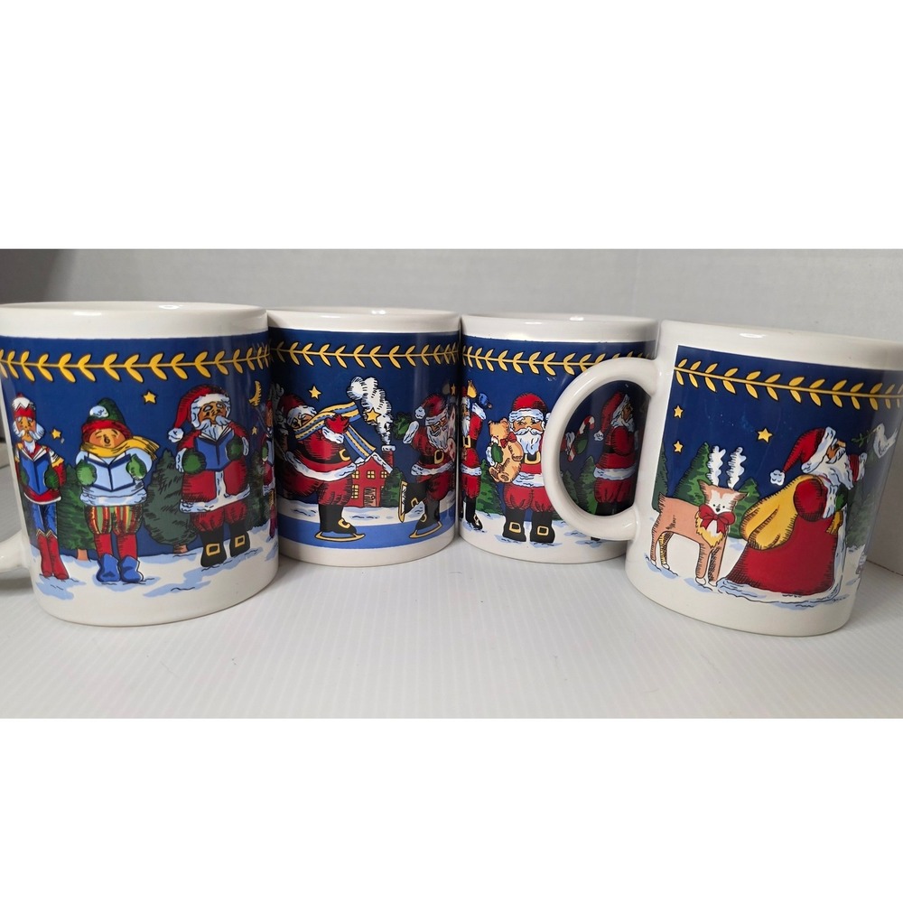 Sakura Christmas Santa Coffee Mugs Set of 4 Blue‎ Holiday Ceramic Cups